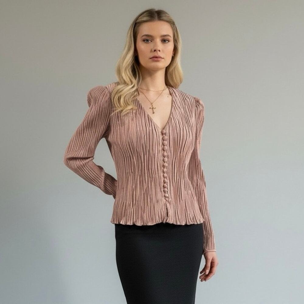 Vintage Lee Jordan NY Mauve Accordion Pleat Button Front Blouse Size 10 Union
